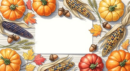 A festive autumn harvest frame with pumpkins, corn, acorns, and fall leaves arranged around a blank white space for text, isolated on white background