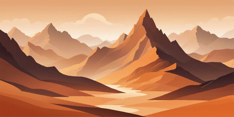 Warm desert mountains in soft sunset light, layered orange peaks, smooth vector landscape background with a calm glowing horizon