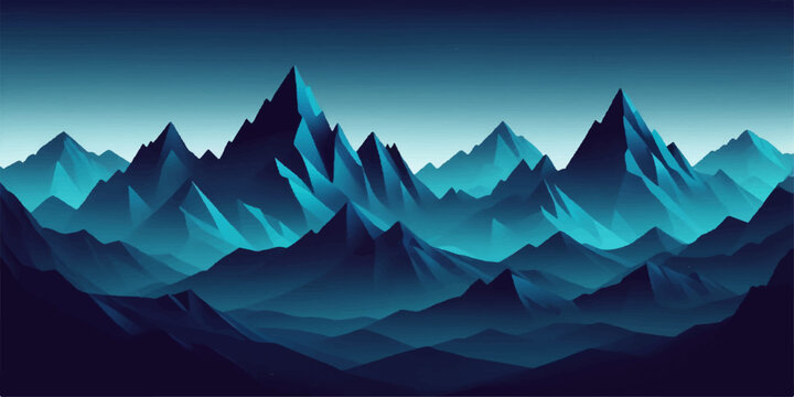 Neon-blue alpine peaks forming a dramatic layered mountain landscape in minimal vector style, glowing atmospheric gradient background.
