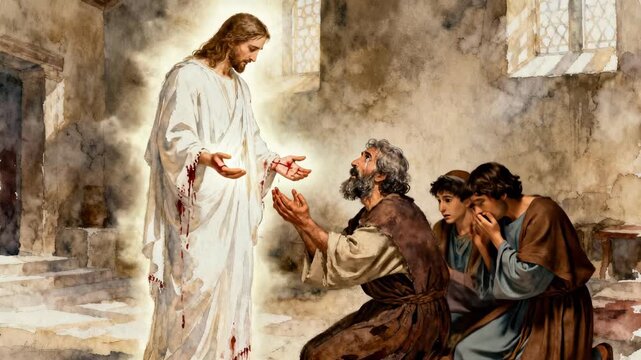 Animated watercolor of the resurrected Jesus Christ appearing to his disciples. Biblical scene of Jesus showing his wounds to a kneeling man in an ancient room. Christian Easter concept