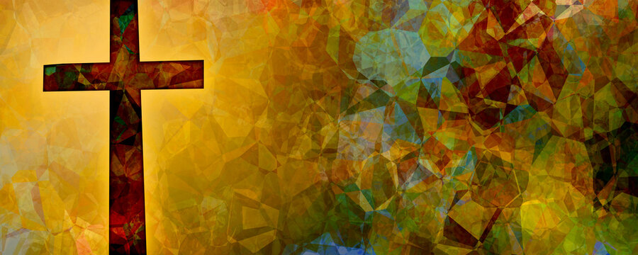 random polygon pattern with cross in brown gold orange green rust, off-center for copy space