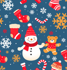 cute snowman seamless pattern for kids, abstract winter repeating wallpaper background 