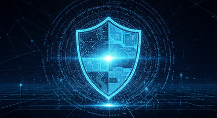 Obraz premium Digital Cyber Security Shield with Binary Code and Network Connections cybersecurity