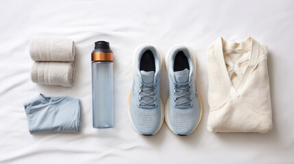 Fitness essentials arranged on a white surface, ready for a workout. This image showcases the necessary items for a workout, promoting a healthy lifestyle and physical activity