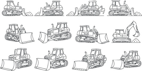 Collection of line art vector illustrations depicting various construction vehicles like bulldozers and excavators for engineering and design projects