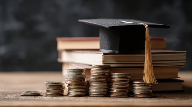 Stacks of coins support a graduation cap placed on top of several books highlighting the connection between education and financial growth. This scene captures the essence of investing in knowledge.