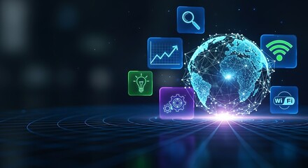 Digital Globe and Networked Icons Representing Technology and Connectivity in a Futuristic Digital Space