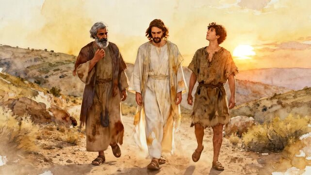 Jesus Christ walking with two disciples on the road to Emmaus. Watercolor animation of a biblical scene at sunset. Religious Easter concept illustrating the resurrection story