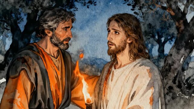 Watercolor animation of the Kiss of Judas betraying Jesus Christ. Biblical scene in the Garden of Gethsemane at night with torchlight. Easter religious concept