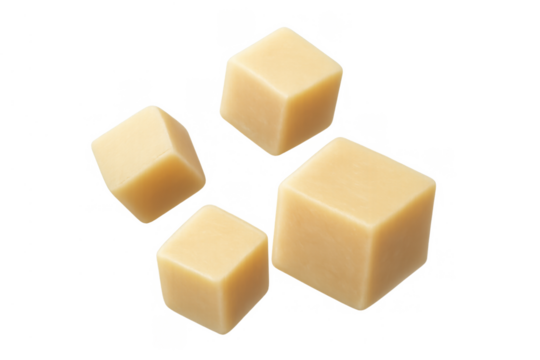Cheese cubes falling, yellow dairy food appetizer or snack ingredient with transparent background