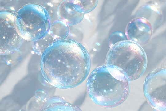 Shimmering soap bubbles rising gracefully in sunlight