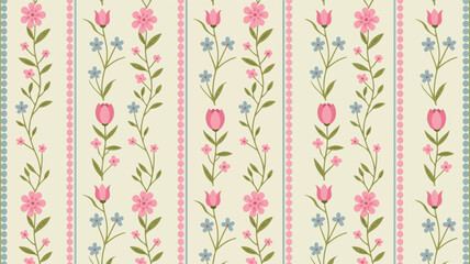 Vintage Floral Pattern with Pink Tulips and Blue Flowers