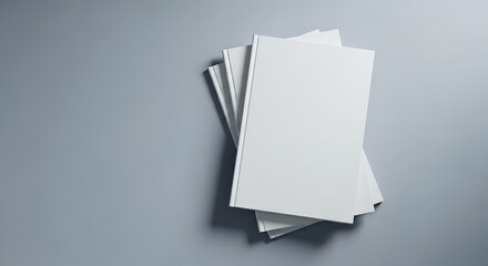 A stack of blank white books with empty covers for mockups, resting on a clean grey background, topdown view