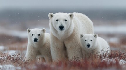 Polar Bears and Their Cubs Resting on Ice in a Cold Habitat During Winter Season in the Arctic Region