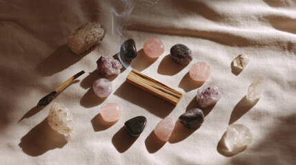 Healing crystals and palo santo incense on a neutral linen background. This image features a collection of crystals and burning palo santo, perfect for meditation and wellness practices