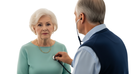 a doctor is examining a senior woman s health with a stethoscope focusing on her chest area providing care on transparent background
