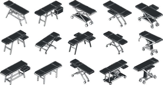 Outline vector illustration set of adjustable medical treatment tables for health and wellness applications - Powered by Adobe