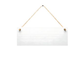 Blank white wooden sign hanging by rope, with plenty of copy space isolated on transparent background