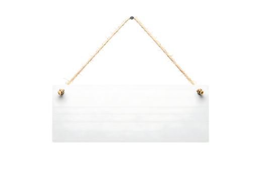 Blank white wooden sign hanging by rope, with plenty of copy space isolated on transparent background
