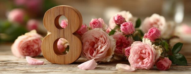 Wooden Number Eight With Pink Roses on Rustic Table During a Spring Celebration