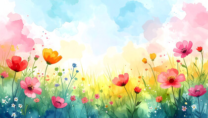 Fototapeta premium Colorful watercolor flowers in spring field