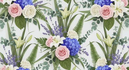 Seamless Floral Pattern with Roses, Hydrangeas, Lilies, and Lavender.