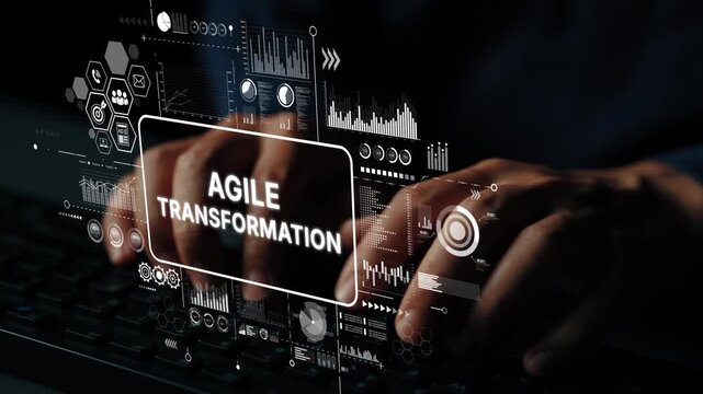 Hands Typing on Keyboard with Digital Overlay Representing Agile Transformation Concept for Business Innovation and Change Management. Asymptotic smart data analytic.