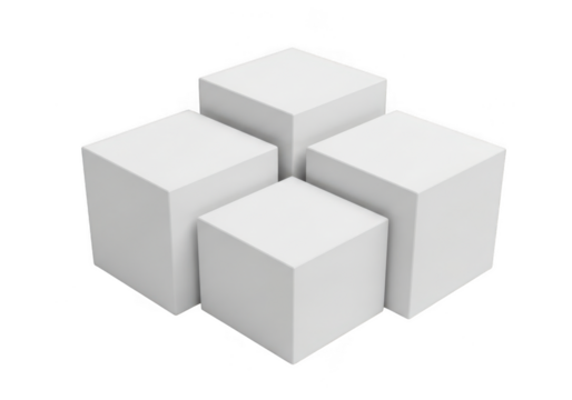 Four white geometric cubes arranged in a stacked formation isolated on transparent background