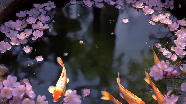 Koi fish swim in a pond with floating cherry blossoms a serene and peaceful scene perfect for relaxation and meditation themes