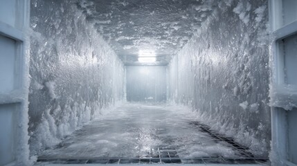 Obraz premium A frozen storage unit shows thick ice on the walls and water pooling on the floor highlighting the refrigeration environment. The cool lighting adds to the atmosphere of cold storage.