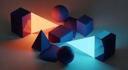Geometric shapes illuminated by contrasting warm and cool lights creating abstract shadows