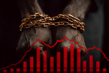 Financial imprisonment concept with hands in chains and red market graph for economic analysis