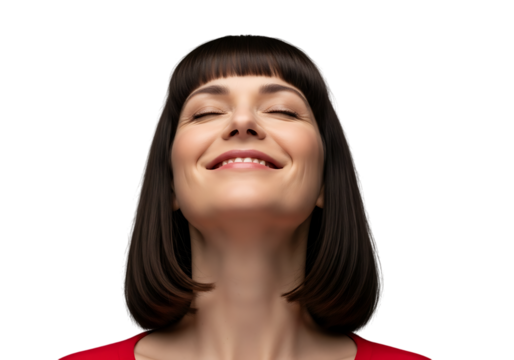 a beautiful young woman with a warm smile looks upwards with closed eyes showcasing a peaceful expression on transparent background high quality professional