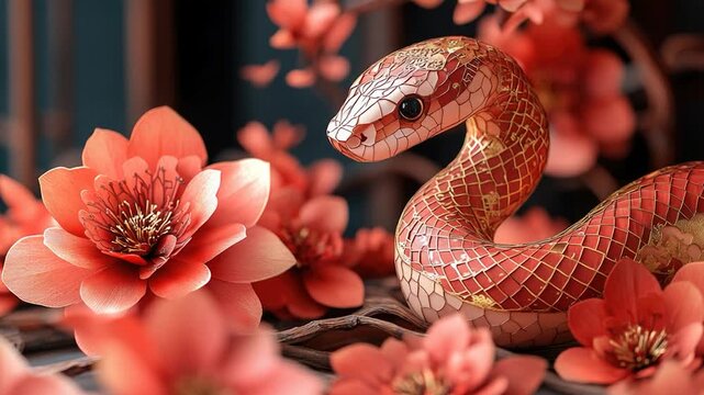 A close-up shot of a snake surrounded by colorful flowers, perfect for use in s or designs related to nature and wildlife