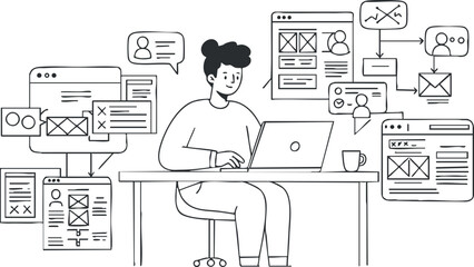 Modern line art vector illustration depicting a designer working on user interface concepts with various design elements and communication icons.