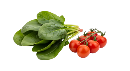 Bunch of fresh spinach leaves and cluster of ripe cherry tomatoes isolated on transparent background
