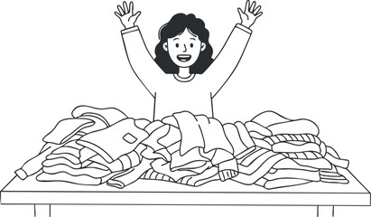 Minimalist black and white vector illustration of a joyful woman celebrating after folding a pile of clothes for home organization