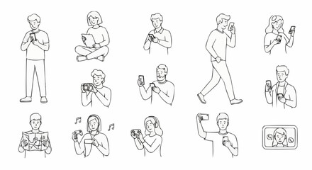 Fototapeta premium Collection of diverse people using smartphones in various everyday situations.