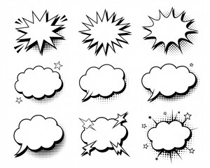 Dynamic comic book speech bubbles and explosion icons for vibrant designs, conveying retro excitement and impact, perfect for attention-grabbing projects