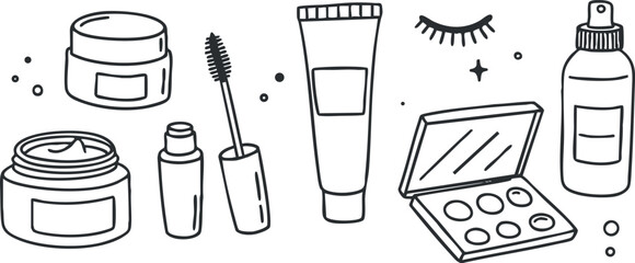 Outline vector illustration of cosmetic products including jars, tubes, and makeup items for beauty and skincare concepts