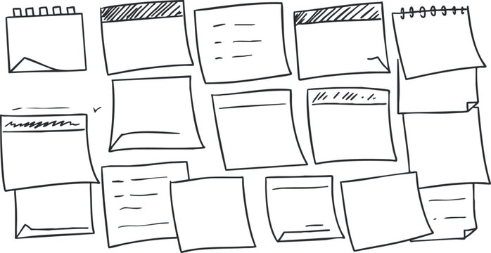Hand-drawn vector illustration of various sticky notes and notepads in a minimalist sketch style for creative projects and organization design.