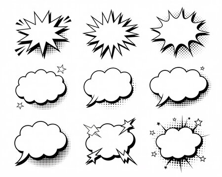 Dynamic comic book speech bubbles and explosion icons for vibrant designs, conveying retro excitement and impact, perfect for attention-grabbing projects