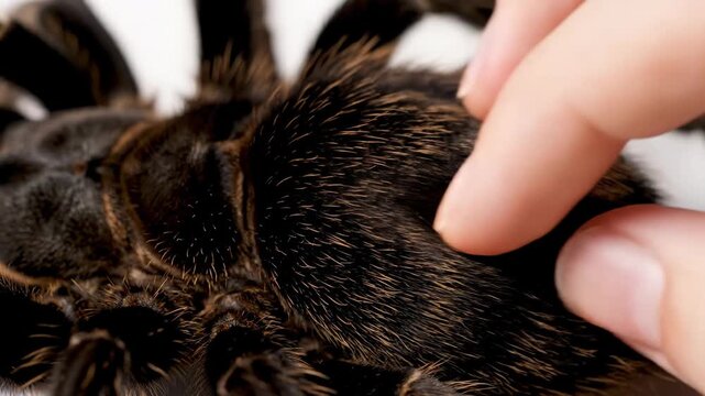 Gentle touch interaction with tarantula highlighting unique spider texture