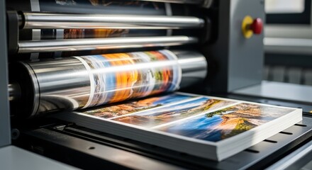 High-quality printing press in action, showcasing vibrant images being printed on glossy paper, capturing the essence of professional printing processes and craftsmanship