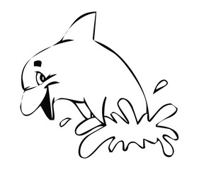 Cartoon dolphin jumping out of the water with splash effect in black and white outline style drawing