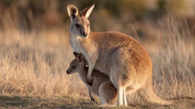 A kangaroo stands protectively over her joey in the tall golden grass. The sun casts a warm glow highlighting both animals fur as they enjoy the peaceful late afternoon.