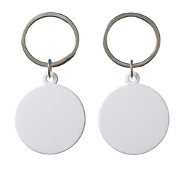 Two blank, round, white key tags attached to key rings
