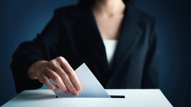 Election Voter citizen casting a ballot at a voting booth. Symbol for democracy, civic duty, and the act of participation