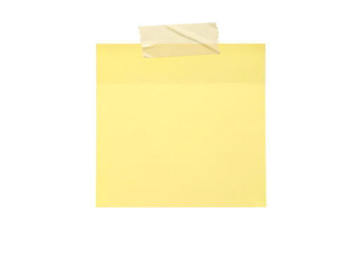 Blank yellow sticky note with masking tape for quick reminder isolated on transparent background