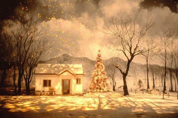Obraz premium Vintage diorama style christmas scene featuring a miniature snow covered cottage and decorated tree with warm lighting for nostalgic xmas holiday art
